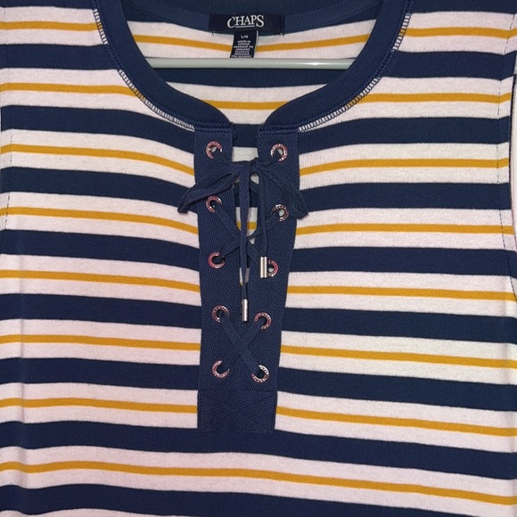 Chaps Blue Yellow and White Striped Sleeveless Lace Up Front Maxi dress Size L - Picture 3 of 9